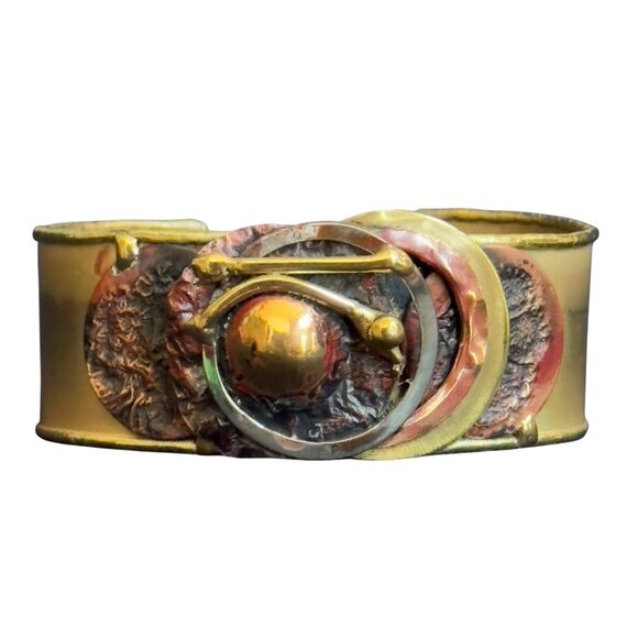 Hand Crafted Jewelry - South African Hand-crafted Brass Cuff Bracelet Abstract Red Gold Metal Accents
